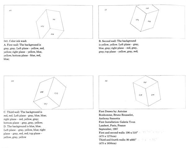 Four diagrams of cubes with annotated color schemes and text. Background details include colors and artist credits with installation info.
