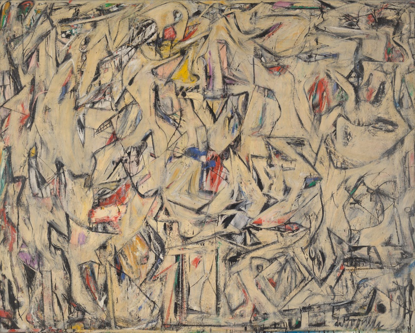 Abstract painting with overlapping shapes, colorful accents, and chaotic lines on a beige background. Energetic and dynamic mood.