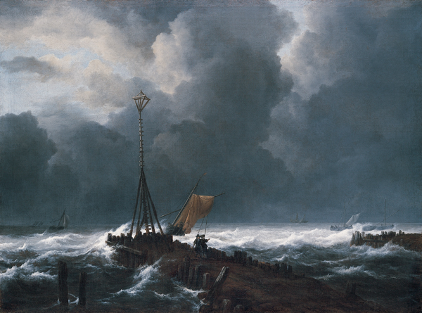 Stormy seascape with a ship battling rough waves beside a wooden pier under dark clouds.