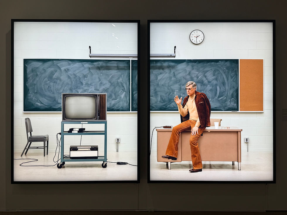 Rodney Graham, Media Studies ‘77, 2016, Two painted aluminum lightboxes with transmounted chromogenic transparencies.