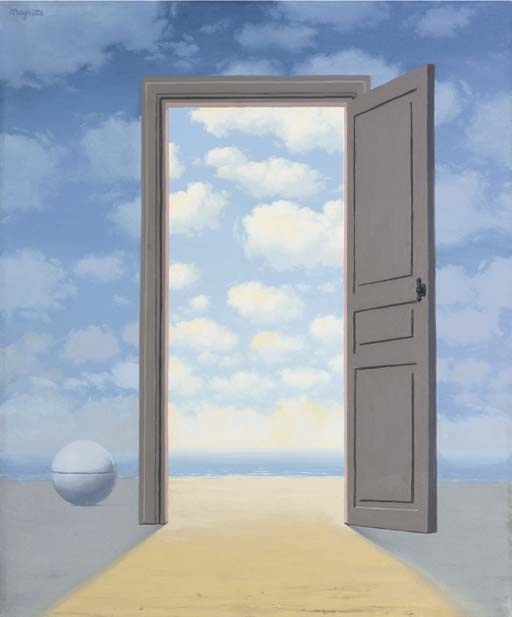 Surreal open door on a beach path under cloudy blue sky, with a white sphere at left and ocean visible beyond.