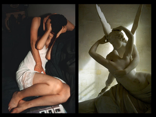 Two images side by side: left shows entwined couple in intimate pose, right shows marble statue of lovers embracing; both evoke passion.