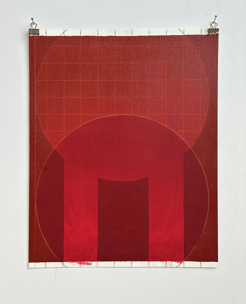 Abstract artwork features red geometric shapes and circles on a canvas with grid lines. The background is plain white.