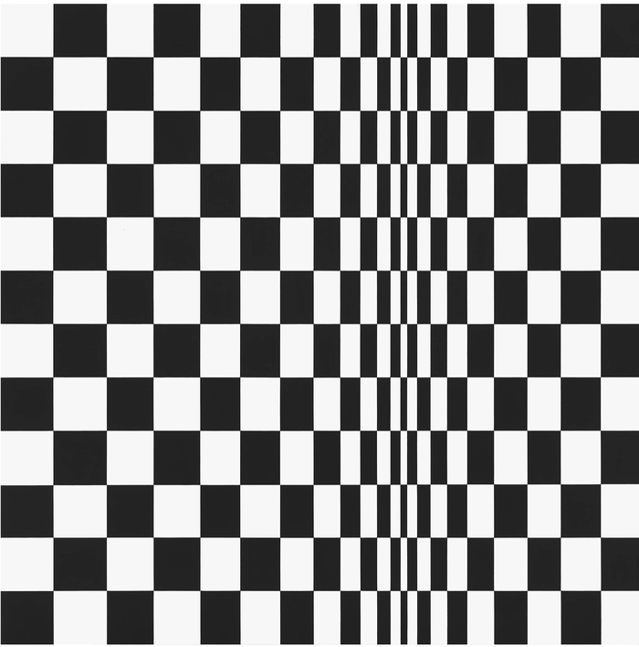 Painting by Bridget Riley of a black and white optical illusion with checkerboard pattern and vertical lines in the center. Geometric and visually striking design.