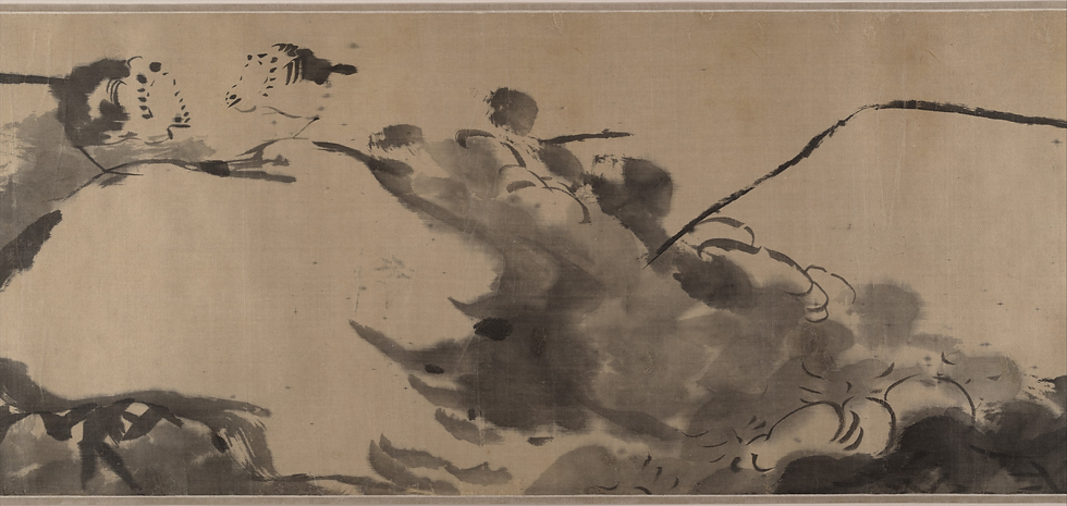 Ink wash painting of two tigers on a rocky mountain slope, one facing the other amid misty brushstrokes.