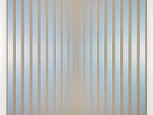 A large painting with vertical, gradient stripes in shades of blue and beige creates an optical illusion. Plain white gallery wall background.