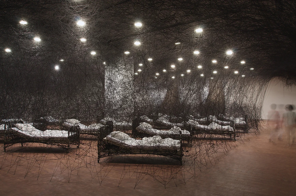 Dim gallery with black thread web over rows of white beds, and blurred visitors on the right.