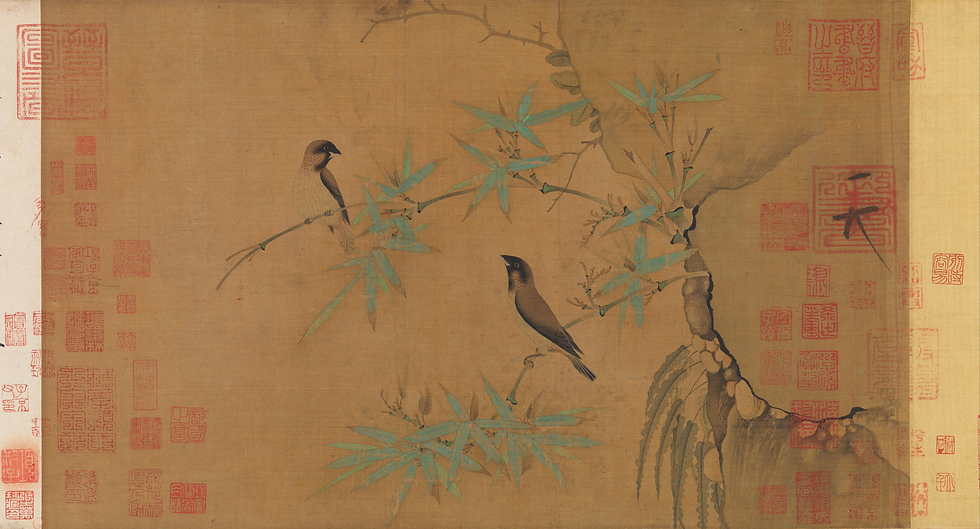 Chinese painting of two small birds perched on bamboo branches, with red seal stamps on a tan silk background.