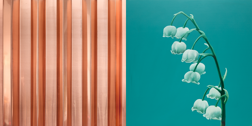 Copper vertical paneling on the left; painting of a teal background with white lily of the valley flowers on the right; modern, contrasting design.