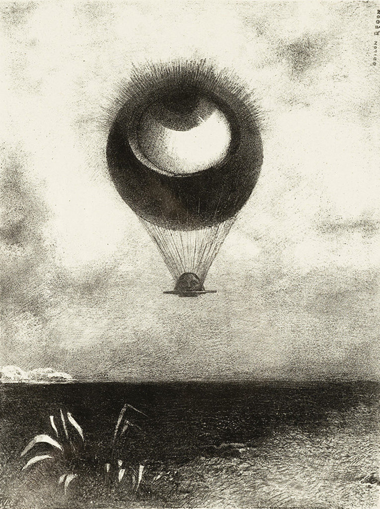Surreal black-and-white scene of a giant balloon-like face floating over the sea, with plants in the foreground.