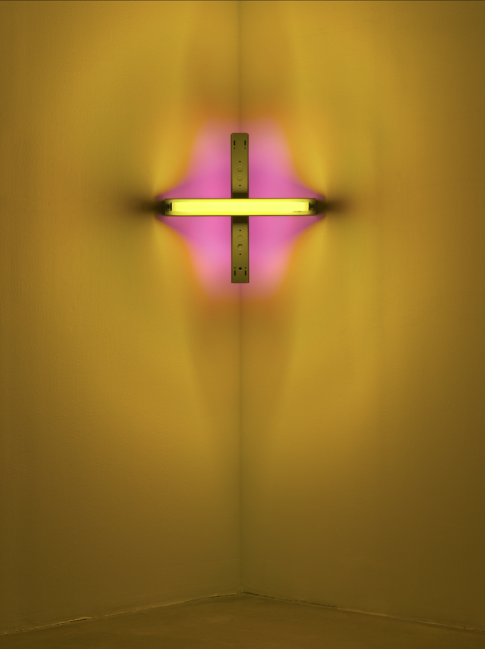 Cross-shaped neon wall light glowing yellow and pink in a bare corner room with textured golden walls