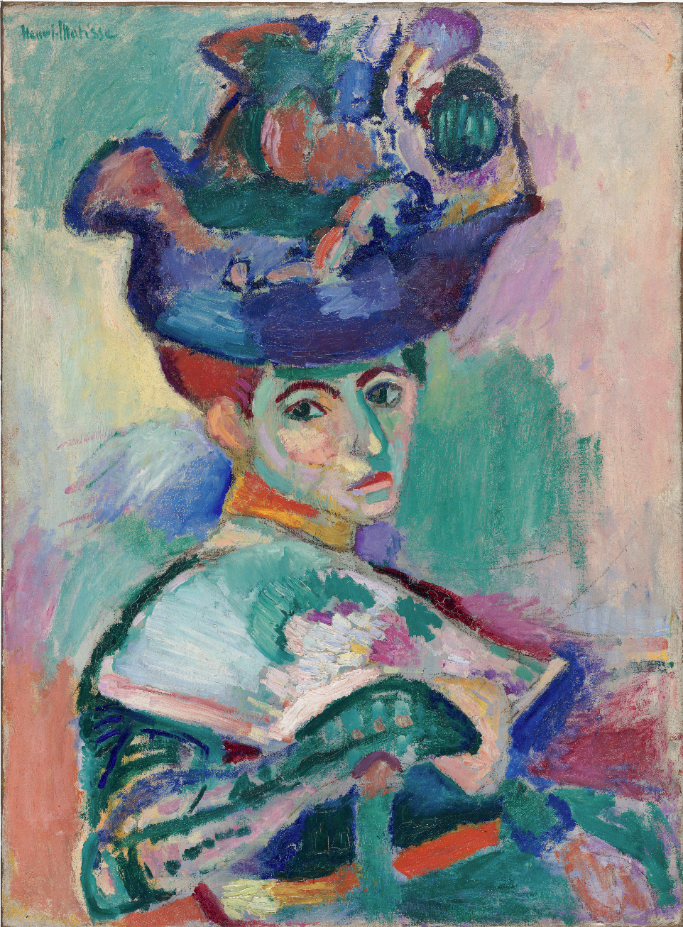 Portrait of a person in a vibrant blue hat, surrounded by bold, colorful brushstrokes. The expression is thoughtful, with green and pink tones.