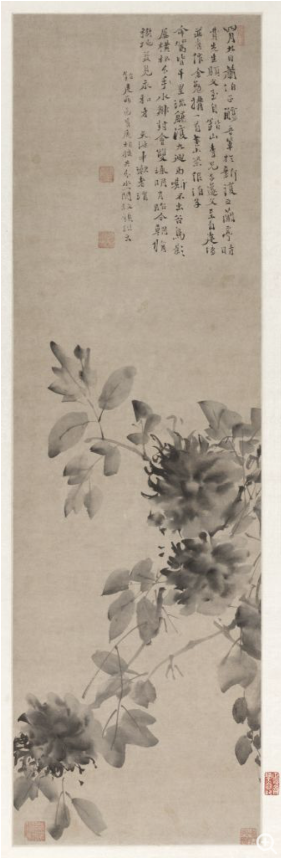 Ink wash painting of chrysanthemums and leaves on beige paper, with vertical Chinese calligraphy and red seals, serene and elegant