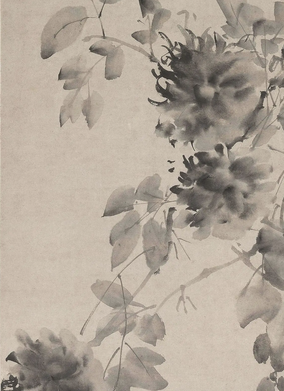 Soft grayscale watercolor of leafy branches and blurred flowers on textured paper, calm and delicate abstract botanical scene
