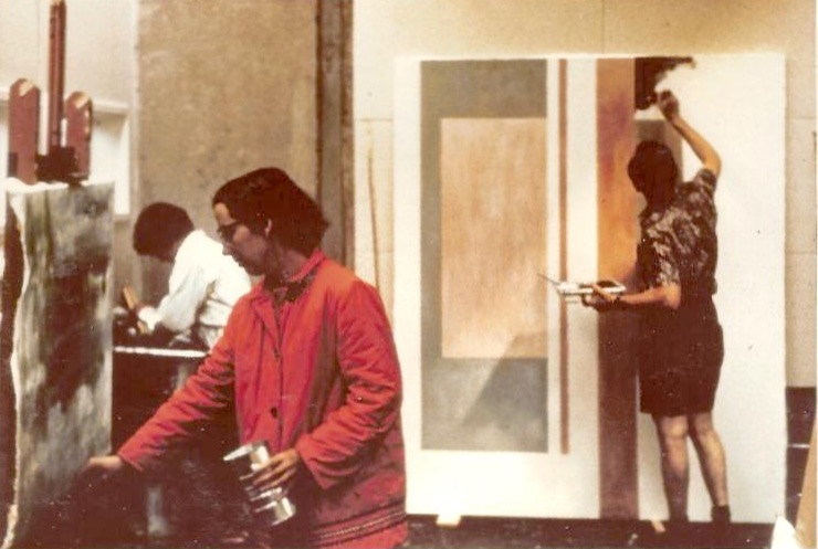 Dorothy Knowles painting in the studio at Emma Lake Artists' Workshop. 1964. Kenderdine Campus, Emma Lake, Saskatchewan. Photo Credit: Kenneth Lochhead.