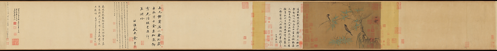 Long Chinese scroll with vertical calligraphy and red seals, plus two birds perched in bamboo on a beige background.