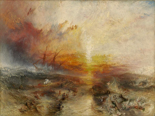 A shipwreck at sea with an intense sunset. Dramatic skies with swirling orange and red hues dominate the turbulent ocean scene.