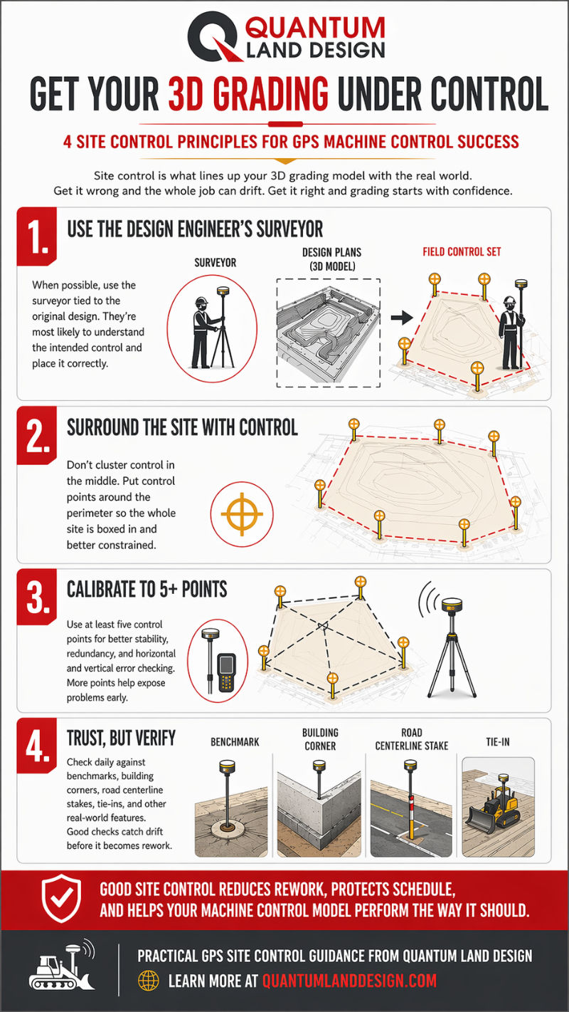 Infographic showing 4 GPS site control principles for machine control: use the design engineer's surveyor, surround the site with control points, calibrate to 5 or more points, and trust but verify with daily checks.