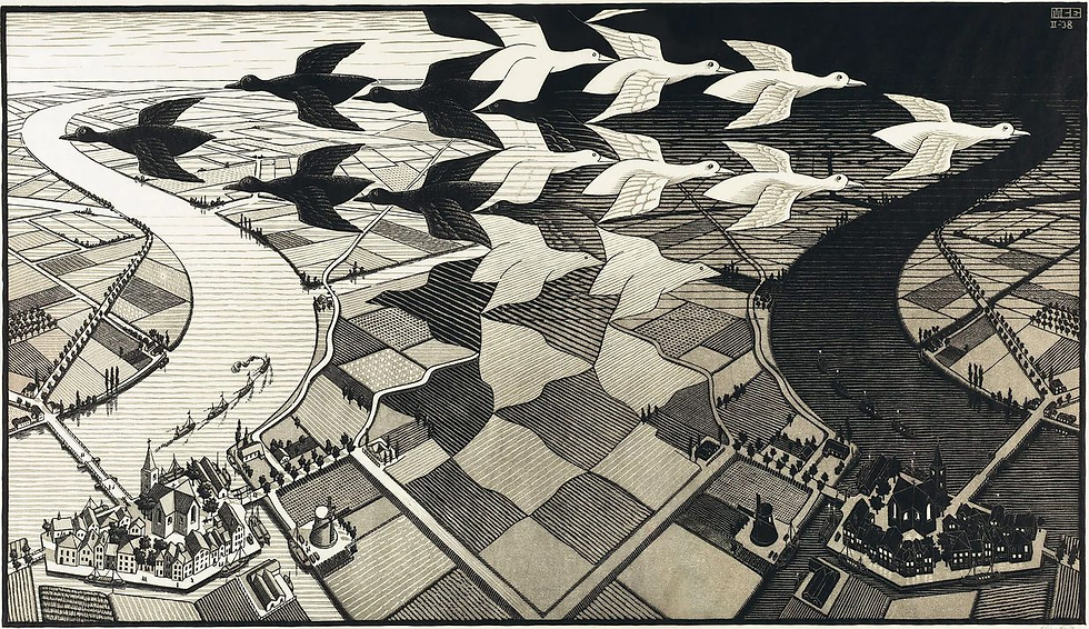Etching by MC Escher entitled Day and Night, depicting black and white birds blend with a patterned landscape of fields, rivers, and towns. The scene is surreal and harmonious.