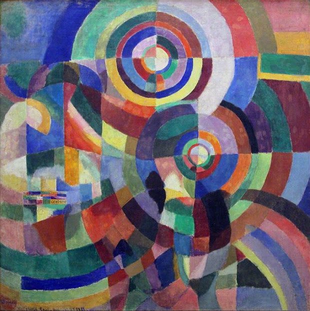 Abstract painting with colorful circles and overlapping geometric shapes. Dominant colors include blue, red, and green with dynamic patterns.