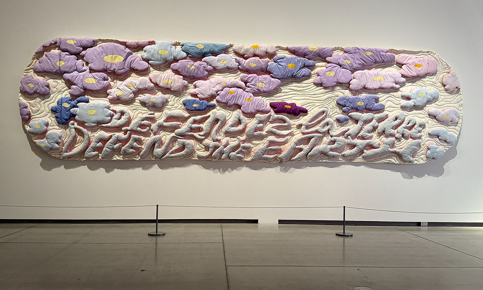 Joyce Wieland, Defend the Earth, 1972, Egyptian cotton, embroidery thread, thread, batting. Handwork: Joan Stewart, Quilting and Embroidery Associates.