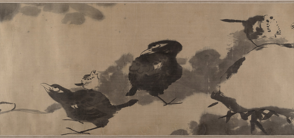 Ink painting of several chicks walking and pecking on a beige background, with dark brushstrokes and a calm, traditional style.