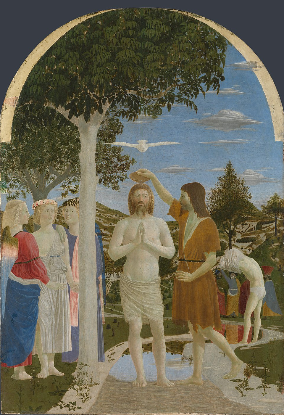 A man in brown baptizes another man in a river. Three people watch nearby. A dove flies above. The background shows rolling hills.