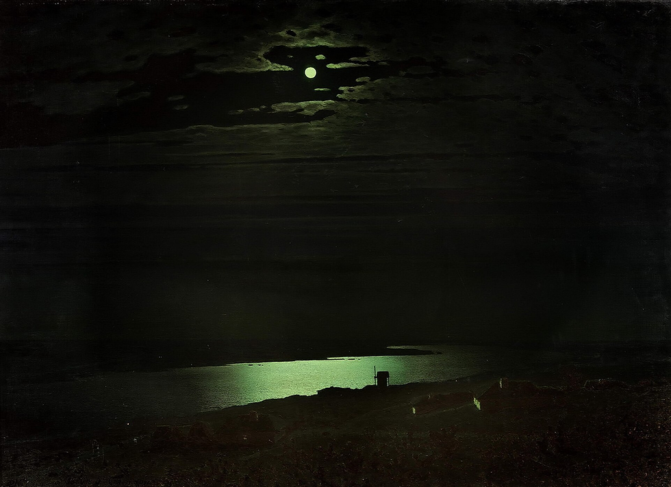 Moonlit sea under dark clouds, with greenish reflection on water and a silhouetted shoreline tower in a moody night scene.
