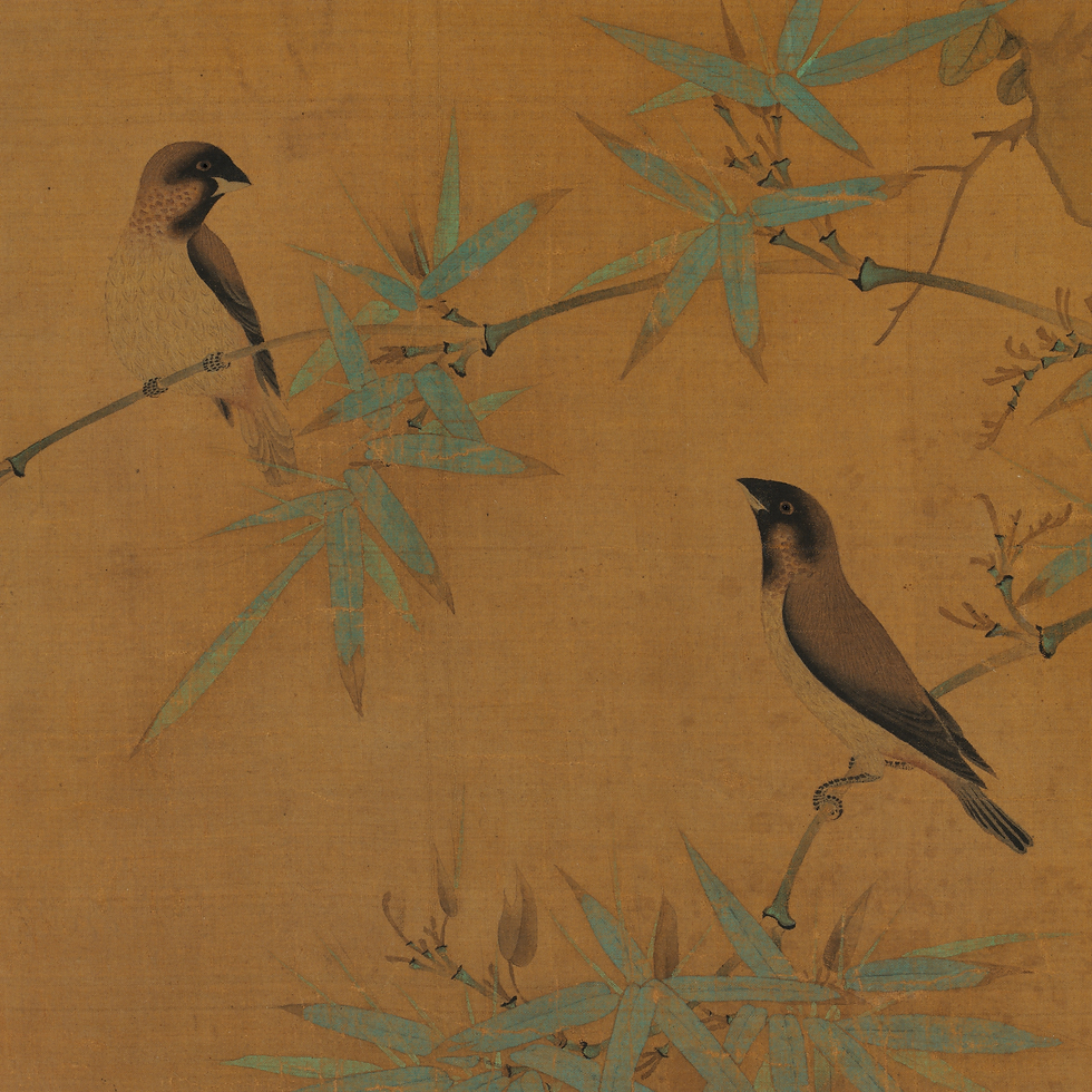 Two small birds perched on bamboo branches in a tan-toned painting with blue-green leaves, calm and delicate, no text.