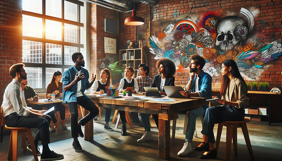 An energetic meeting scene in a creative urban office space, reflecting the diversity of a