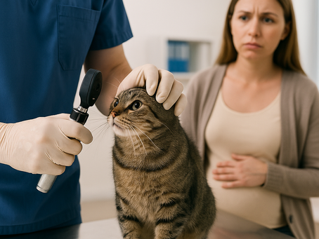 Veteriner kliniğinde göz muayenesi yapılan ev kedisi; arkada bekleyen hamile kadın endişeyle izliyor