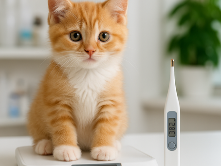Veteriner kliniğinde tartı üzerinde ölçülen yavru kedi ve dijital termometre