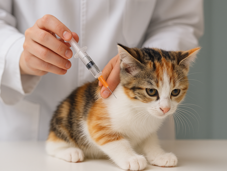 Veteriner hekim tarafından muayene masasında tutulan yavru kediye kuduz aşısı uygulanıyor, veterinerin elinde enjektör var