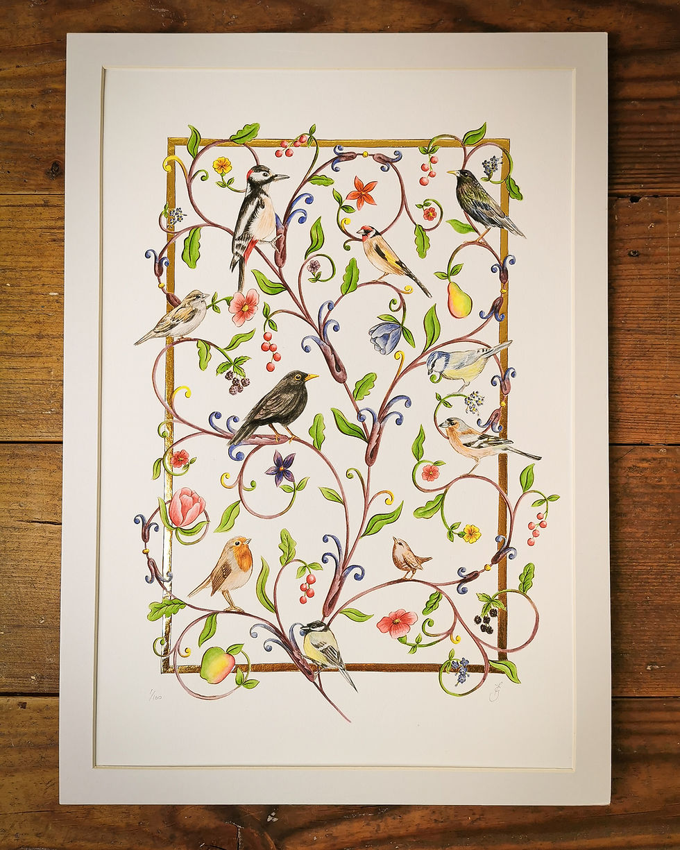 Thumbnail: Whimsical Garden Birds Gilded Print