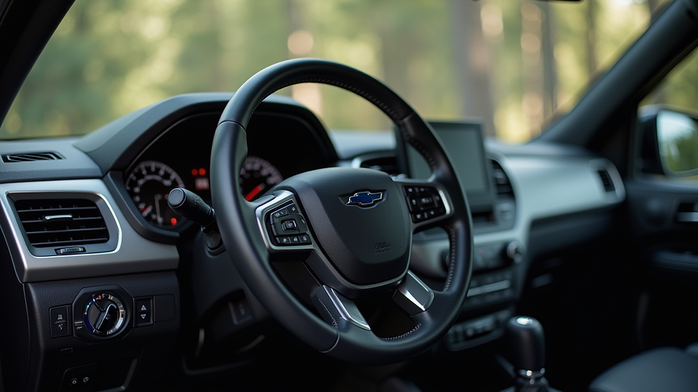 Close-up view of a 4x4 SUV dashboard and steering wheel