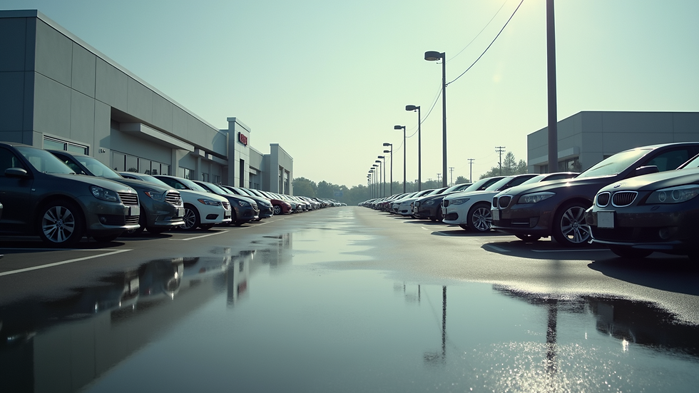 Eye-level view of a car dealership lot with various vehicles parked