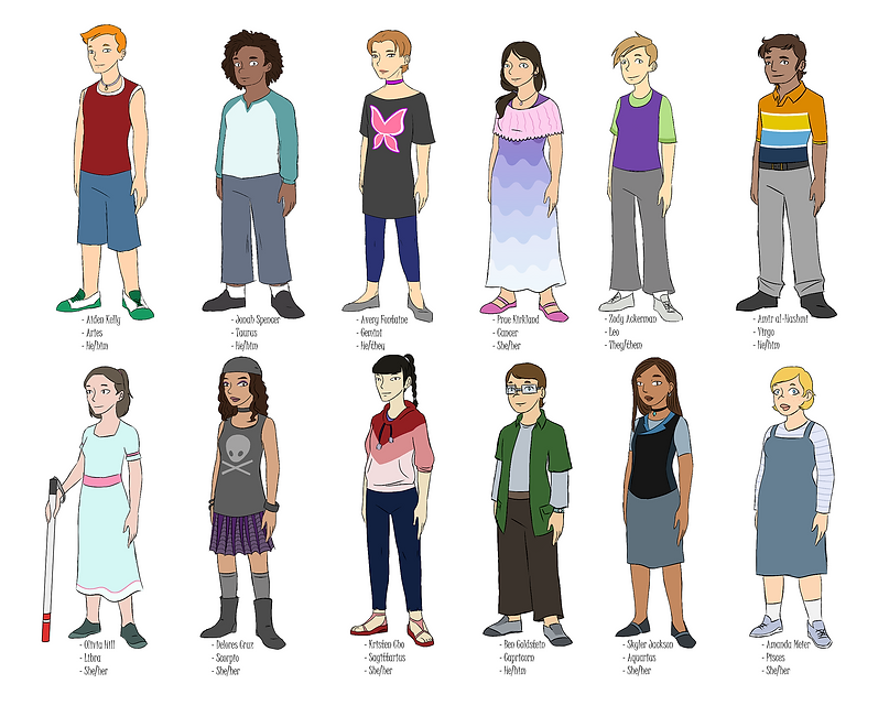 A lineup of the main human characters