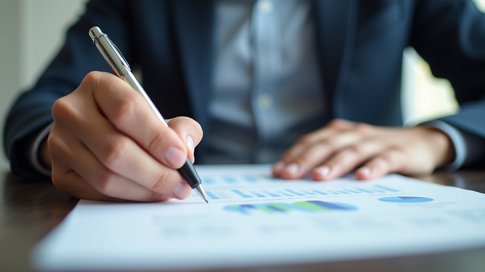 Close-up view of a person reviewing their credit report with a pen