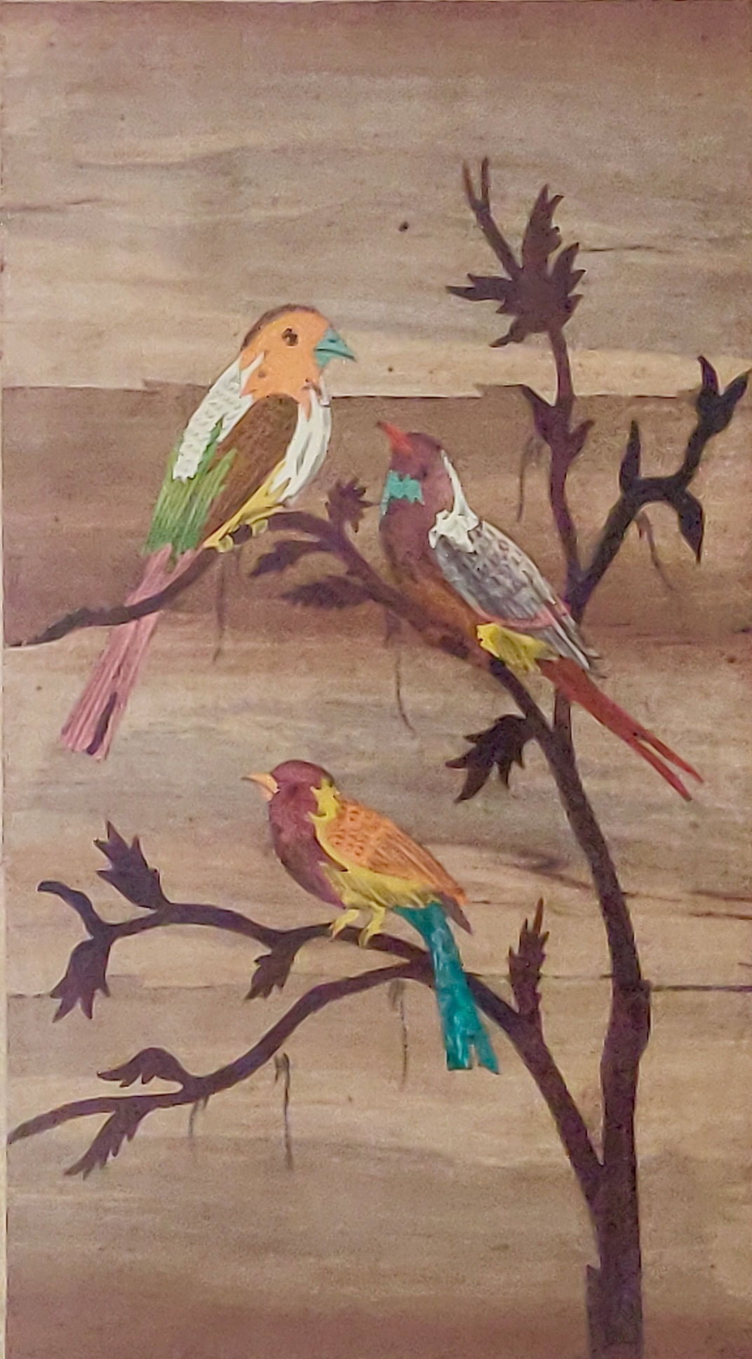 Three colourful birds on branch(12X20)