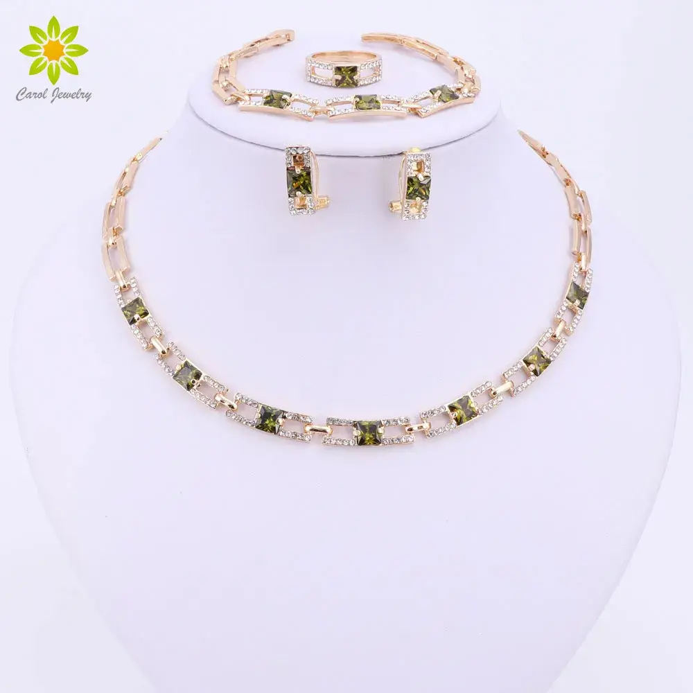Wedding Party Necklace Jewelry Sets for Women Fashion Green Crystal&Rhinestone