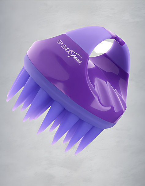Close-up of a purple Splendid Tresses shampoo brush designed to stimulate the scalp and distribute shampoo evenly.