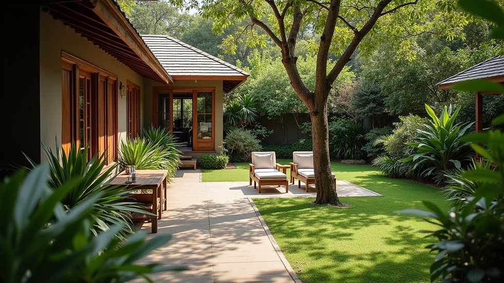 High angle view of a Mysore homestay garden with seating area