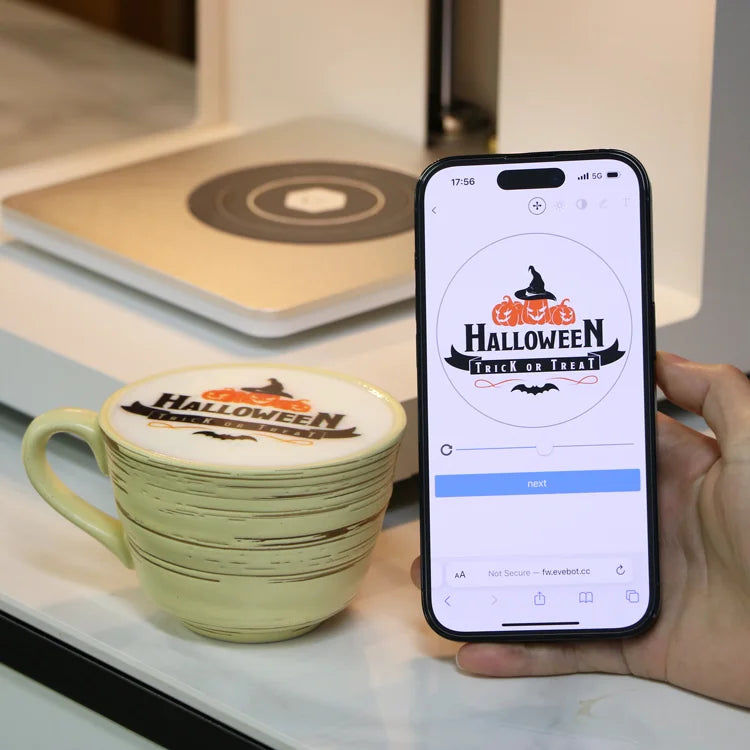 縮圖：You can using your smart phone to upload any illustrations or photos to the coffee printer