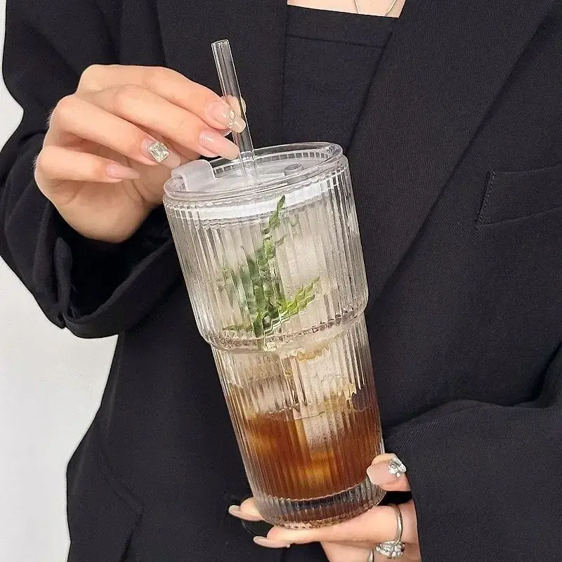 Thumbnail: Aesthetic Fluted Glass Cup with Lid and Straw