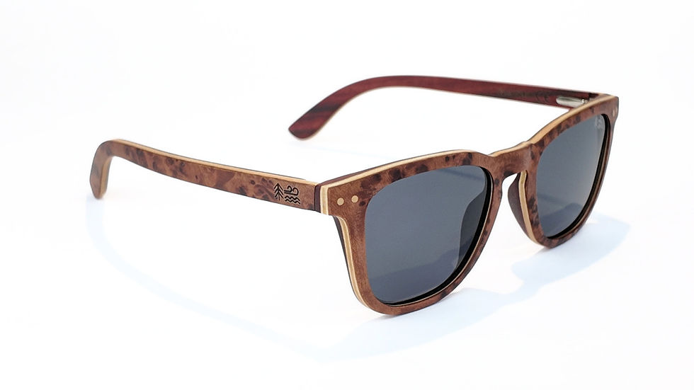 Wooden Waves wooden sunglasses made from red camphor burl wood with polarised grey lenses