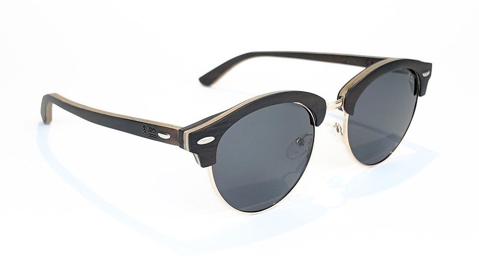 Semi-rimless style wooden sunglasses made from ebony wood with polarised grey lenses