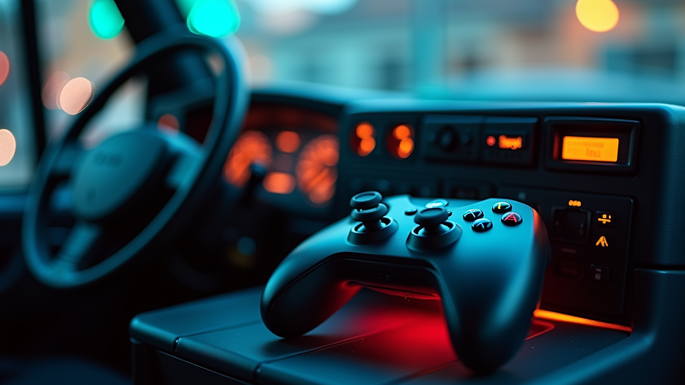 Close-up view of a gaming console and controller inside a video game truck