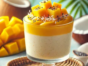 Nuage onctueux mangue, coco et Haché’Végétal façon perles du Japon