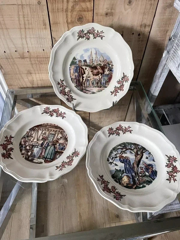 Lot de 3 assiettes anciennes Sarreguemines « Ma Normandie » en porcelaine