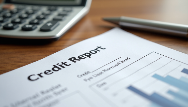 Eye-level view of a credit report document with a calculator and pen on a wooden desk